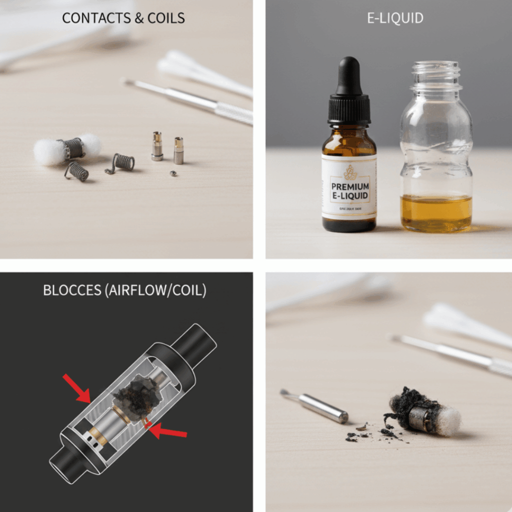 image of just components contact coils, e-liquid, blocces of Vape pods