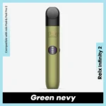 RELX Infinity 2 Green Navy vape device with metallic teal-blue finish and LED power indicator.