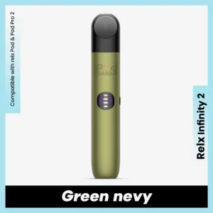 RELX Infinity 2 Green Navy vape device with metallic teal-blue finish and LED power indicator.