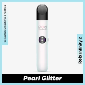 Shimmering RELX Infinity 2 Pearl Glitter vape held in hand showing sleek metallic finish and ergonomic design