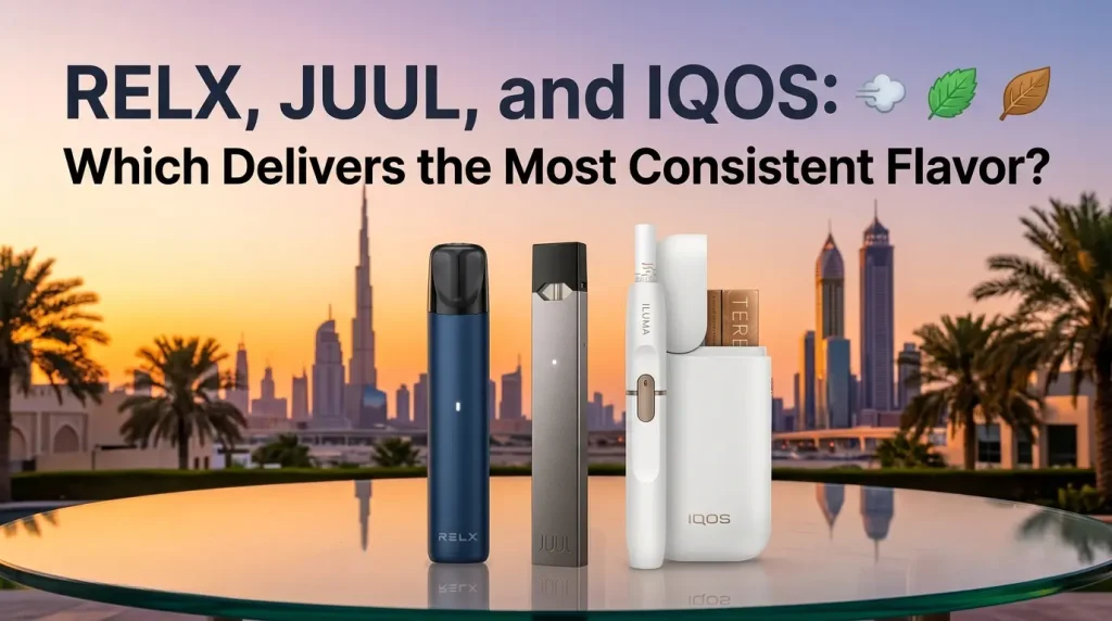 Popular smoke-free devices RELX, JUUL, and IQOS on display