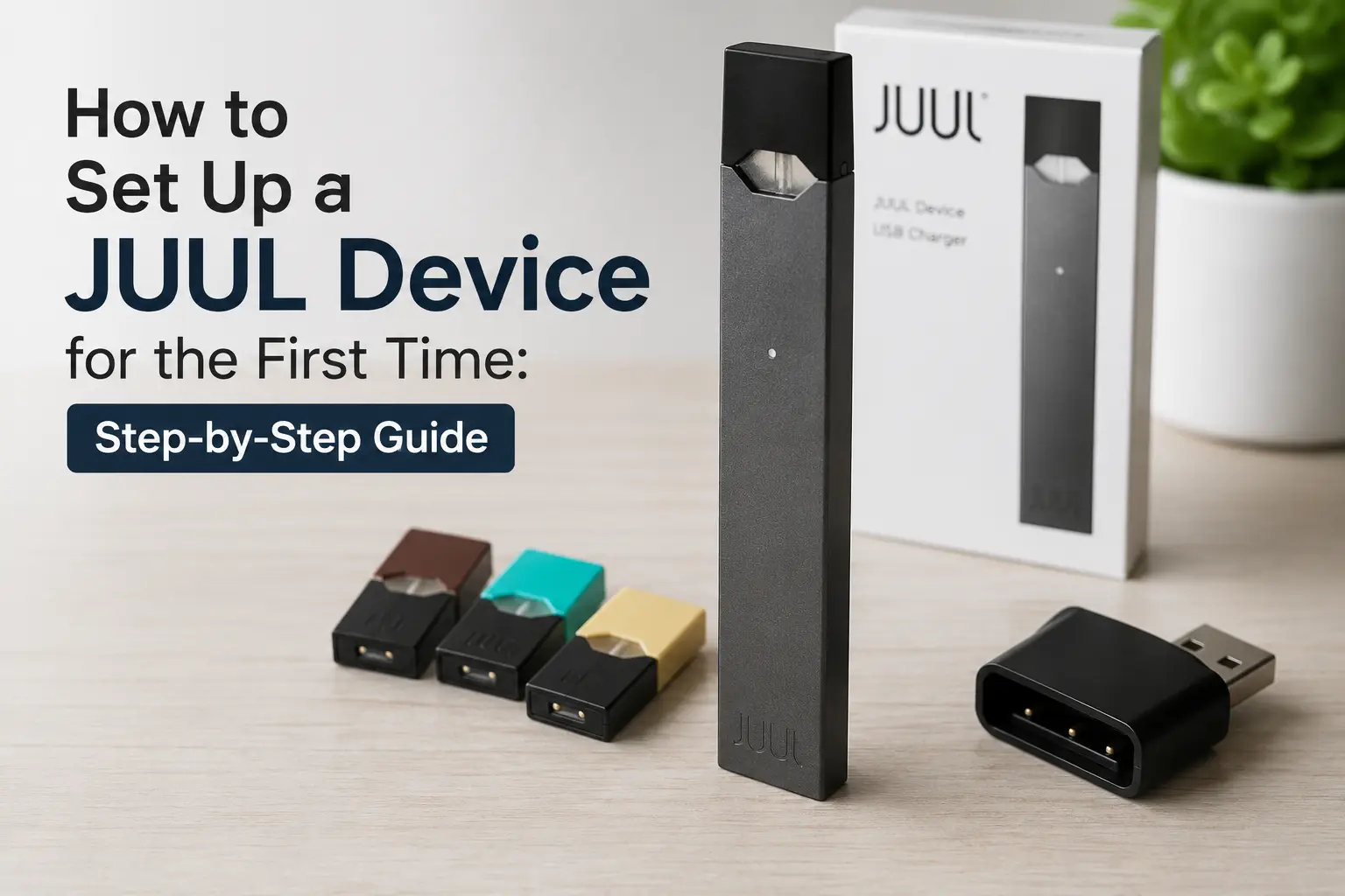 Step-by-step guide showing how to set up a JUUL device for the first time with a JUUL device,