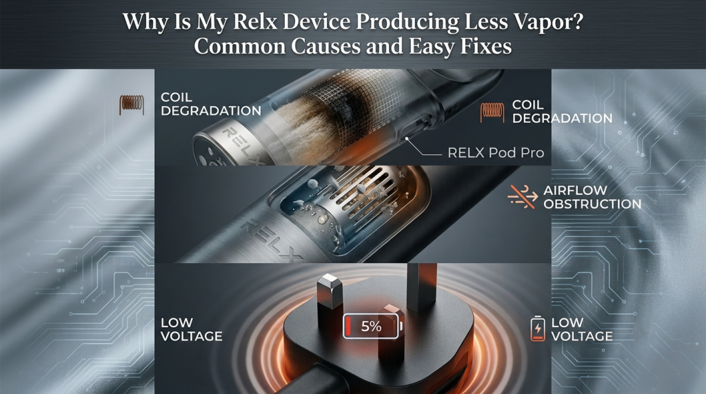 RELX vape device with low vapor output, Dubai vape troubleshooting guide